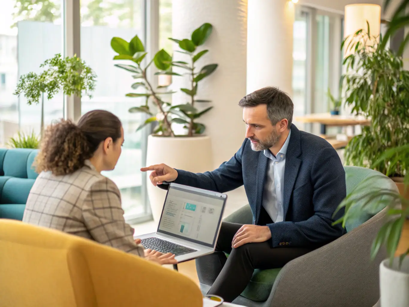 A consultant advising a business owner on HR strategies, emphasizing HRInnovate's personalized approach and commitment to client success.