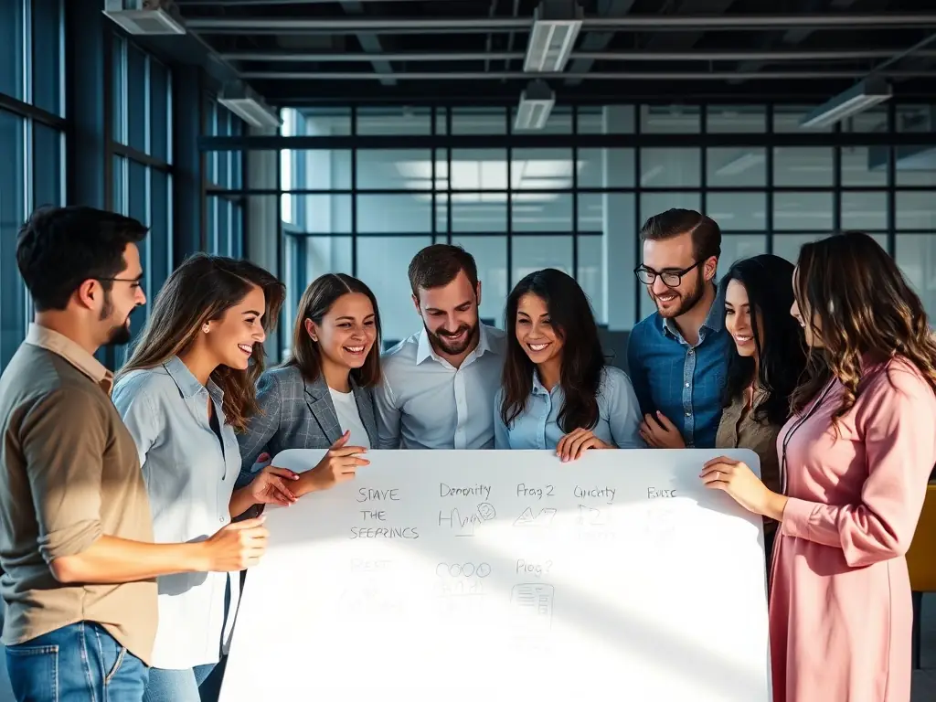 A diverse team collaborating in a modern office, brainstorming HR strategies and solutions, reflecting HRInnovate's commitment to innovation and teamwork.